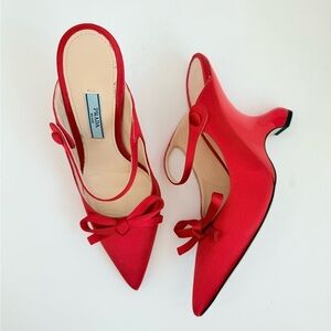 Prada Red Satin Patent Sculpted Bow Wedge heel Mary Jane pumps EU 37